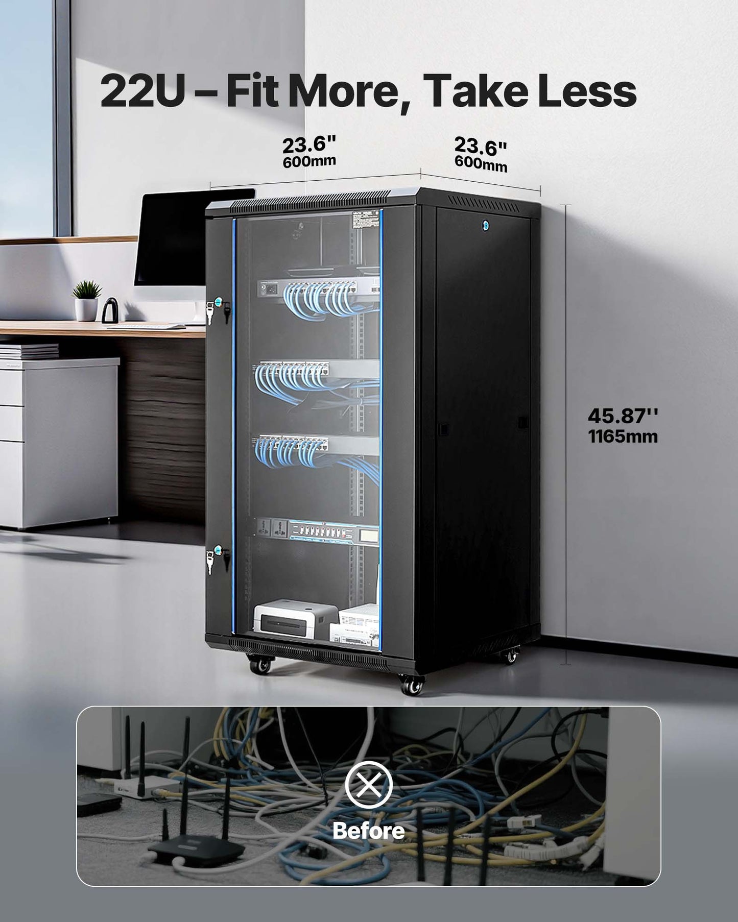 22U Network Cabinet Wall Mount, 600 mm Depth, 136 kg Max Load Capacity Server Cabinet Rack Enclosure with Locking Tempered Glass Door, Side Panels, Server Rack for IT Equipment, A/V Devices