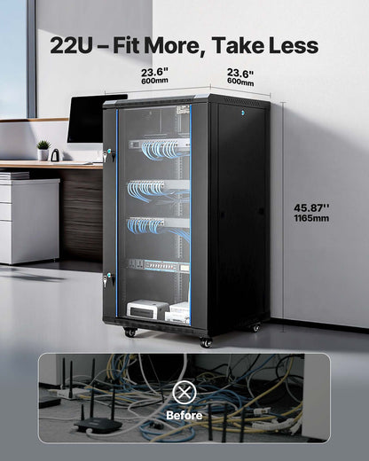 22U Network Cabinet Wall Mount, 600 mm Depth, 136 kg Max Load Capacity Server Cabinet Rack Enclosure with Locking Tempered Glass Door, Side Panels, Server Rack for IT Equipment, A/V Devices