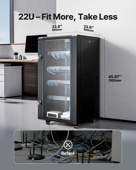 22U Network Cabinet Wall Mount, 600 mm Depth, 136 kg Max Load Capacity Server Cabinet Rack Enclosure with Locking Tempered Glass Door, Side Panels, Server Rack for IT Equipment, A/V Devices