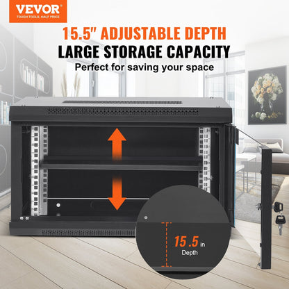 6U Wall Mount Server Rack Cabinet, 0.39m Deep, 90.7kg Load, Locking Glass Door