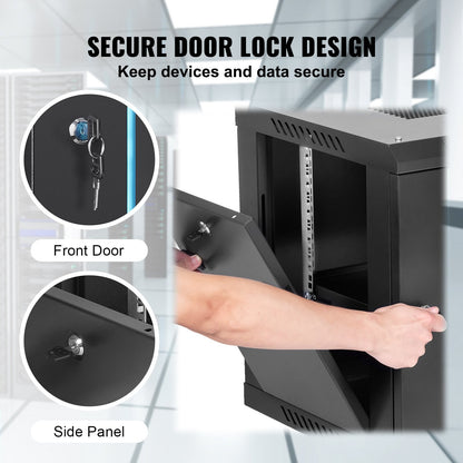 6U Wall Mount Server Rack Cabinet, 0.39m Deep, 90.7kg Load, Locking Glass Door