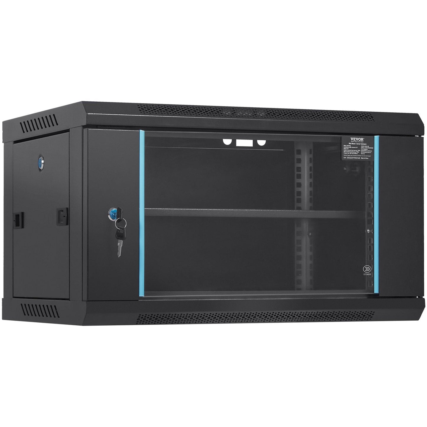 6U Wall Mount Server Rack Cabinet, 0.39m Deep, 90.7kg Load, Locking Glass Door