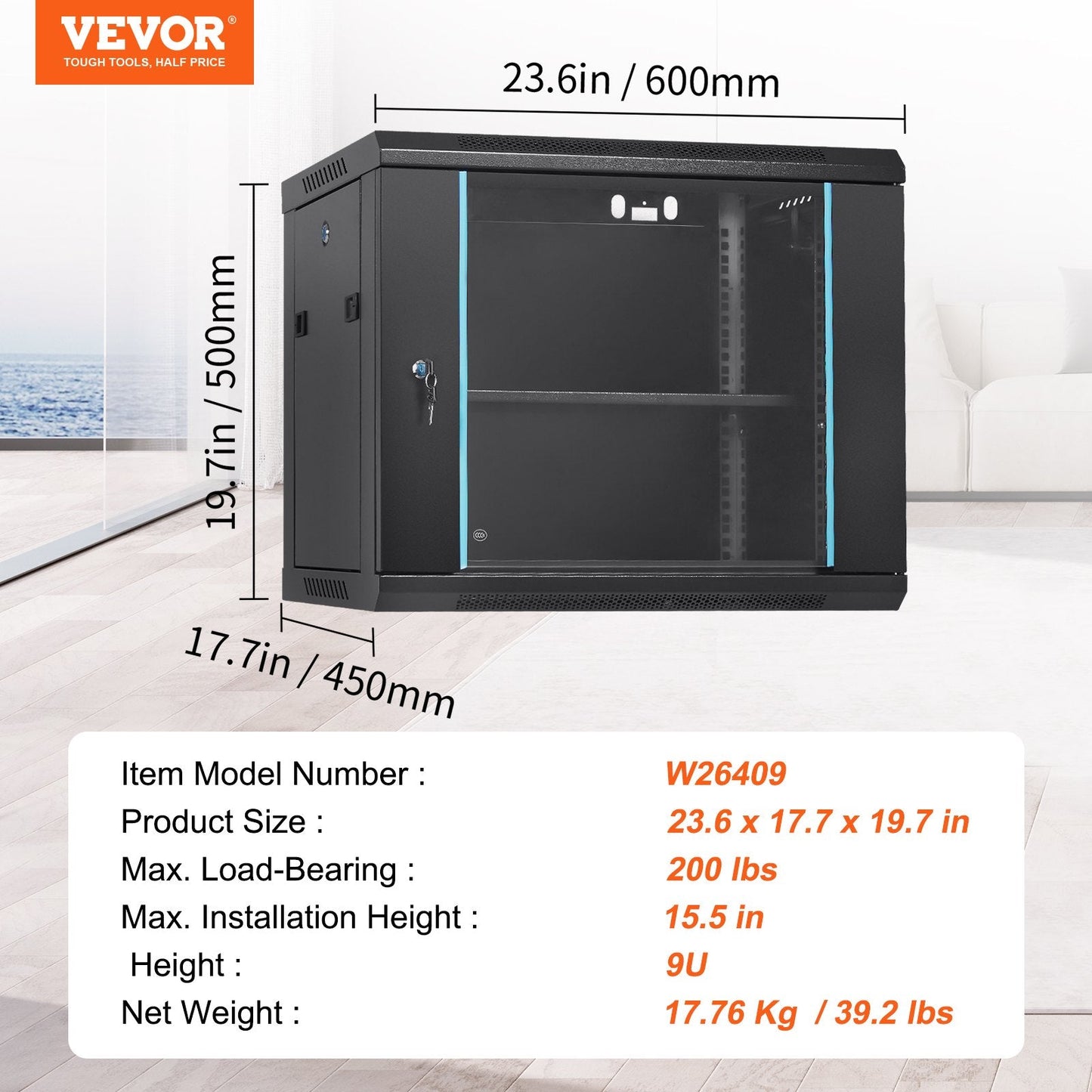 9U Wall Mount Server Cabinet, 0.39m Deep, 17.76 kg Capacity, Locking Door
