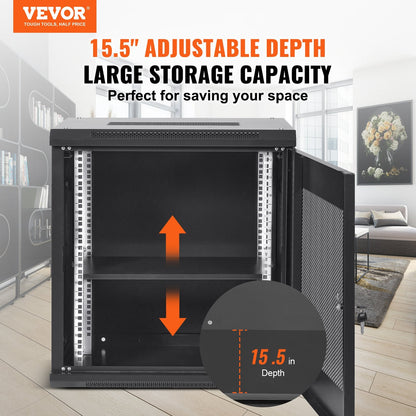 12U Wall-Mount Server Cabinet, 0.39m Deep, 91kg Load, Locking Door, Black