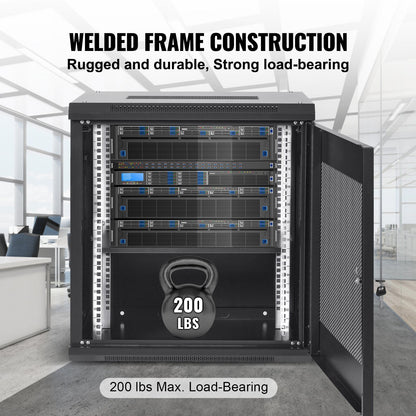 12U Wall-Mount Server Cabinet, 0.39m Deep, 91kg Load, Locking Door, Black