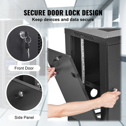 12U Wall-Mount Server Cabinet, 0.39m Deep, 91kg Load, Locking Door, Black