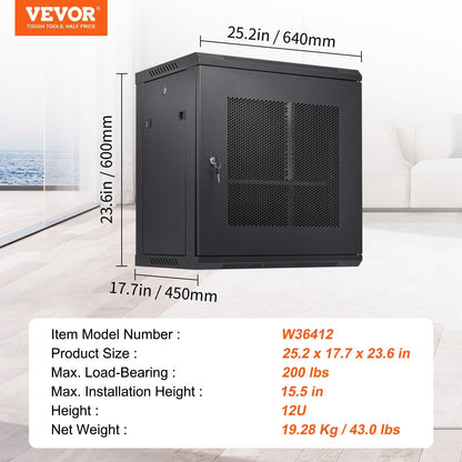 12U Wall-Mount Server Cabinet, 0.39m Deep, 91kg Load, Locking Door, Black