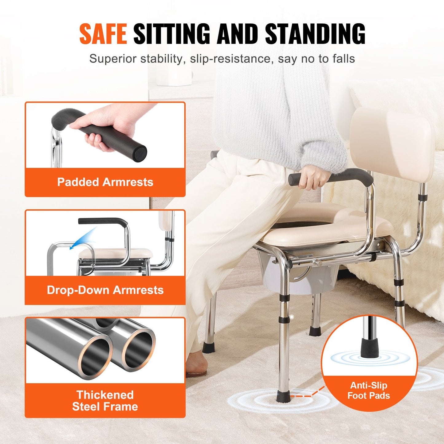 Adjustable Bedside Commode Chair with Padded Seat and Drop-Down Arms, 158.8 kg Capacity