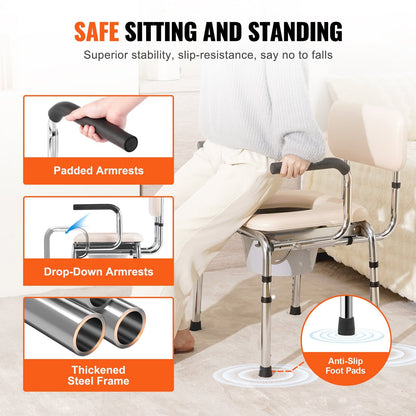 Adjustable Bedside Commode Chair with Padded Seat and Drop-Down Arms, 158.8 kg Capacity