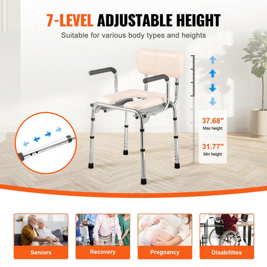 Adjustable Bedside Commode Chair with Padded Seat and Drop-Down Arms, 158.8 kg Capacity