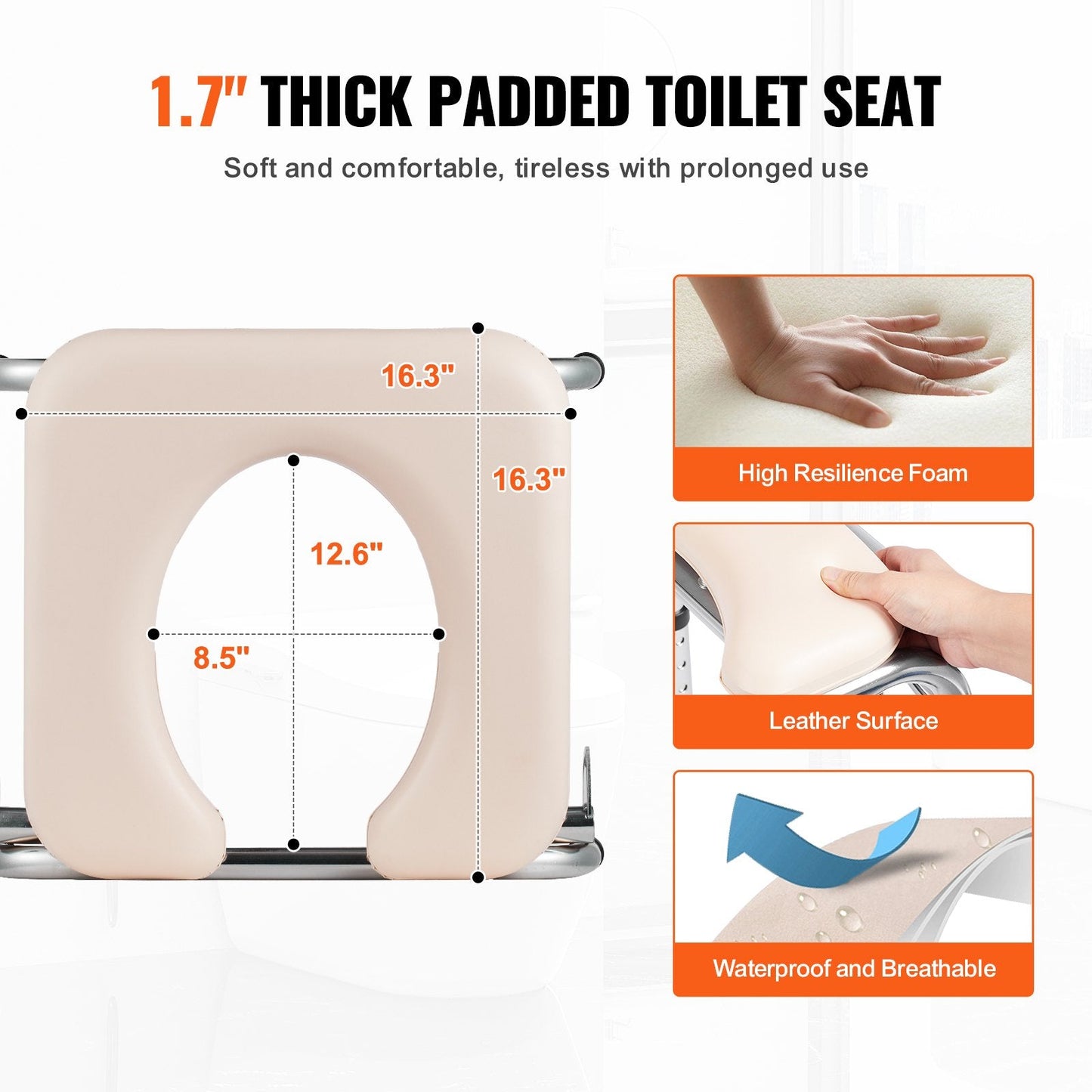 Adjustable Bedside Commode Chair with Padded Seat and Drop-Down Arms, 158.8 kg Capacity