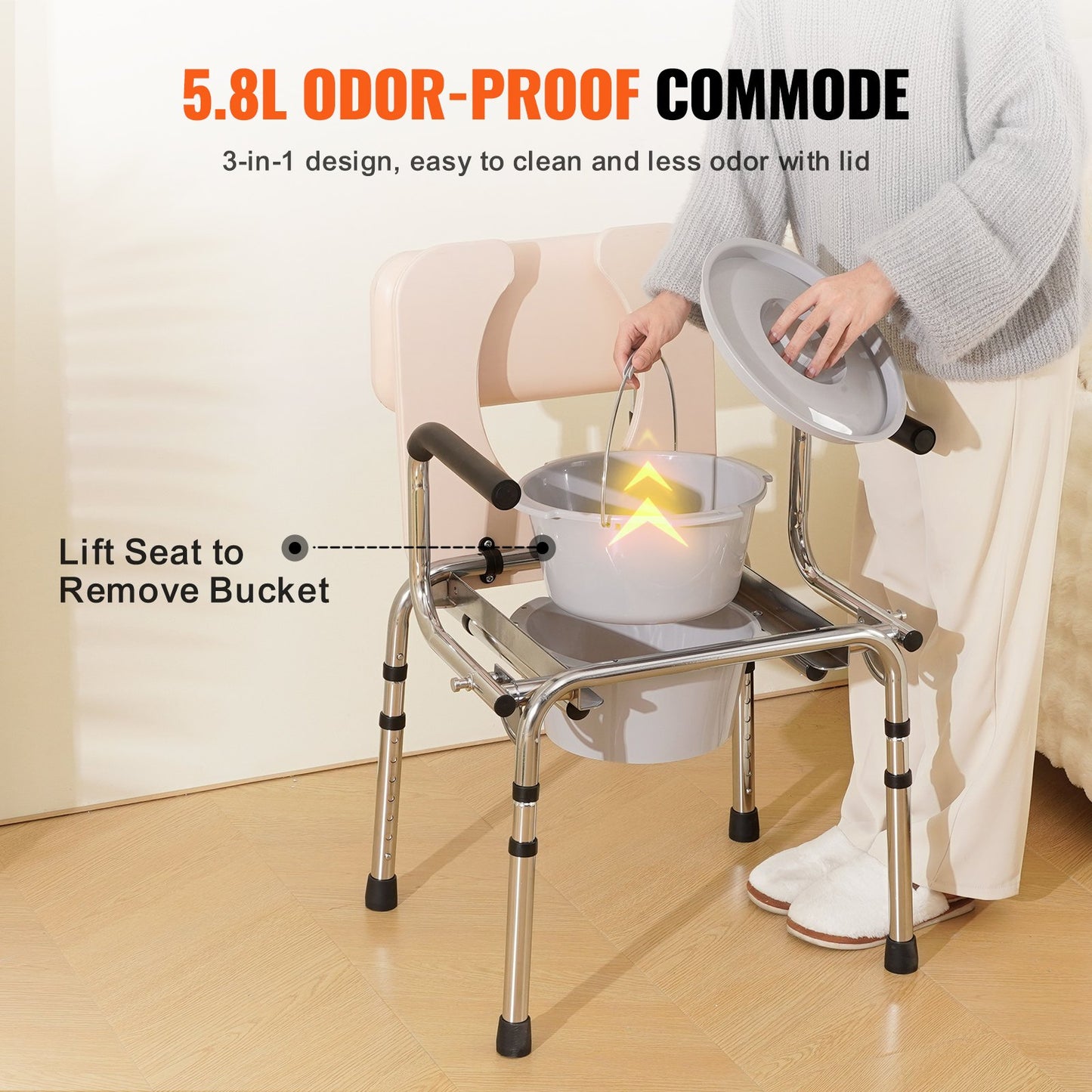 VEVOR Commode Chair, Bedside Commode with Padded Seat, Drop-Down Arms, 7-Level Adjustable