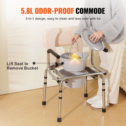 Adjustable Bedside Commode Chair with Padded Seat and Drop-Down Arms, 158.8 kg Capacity