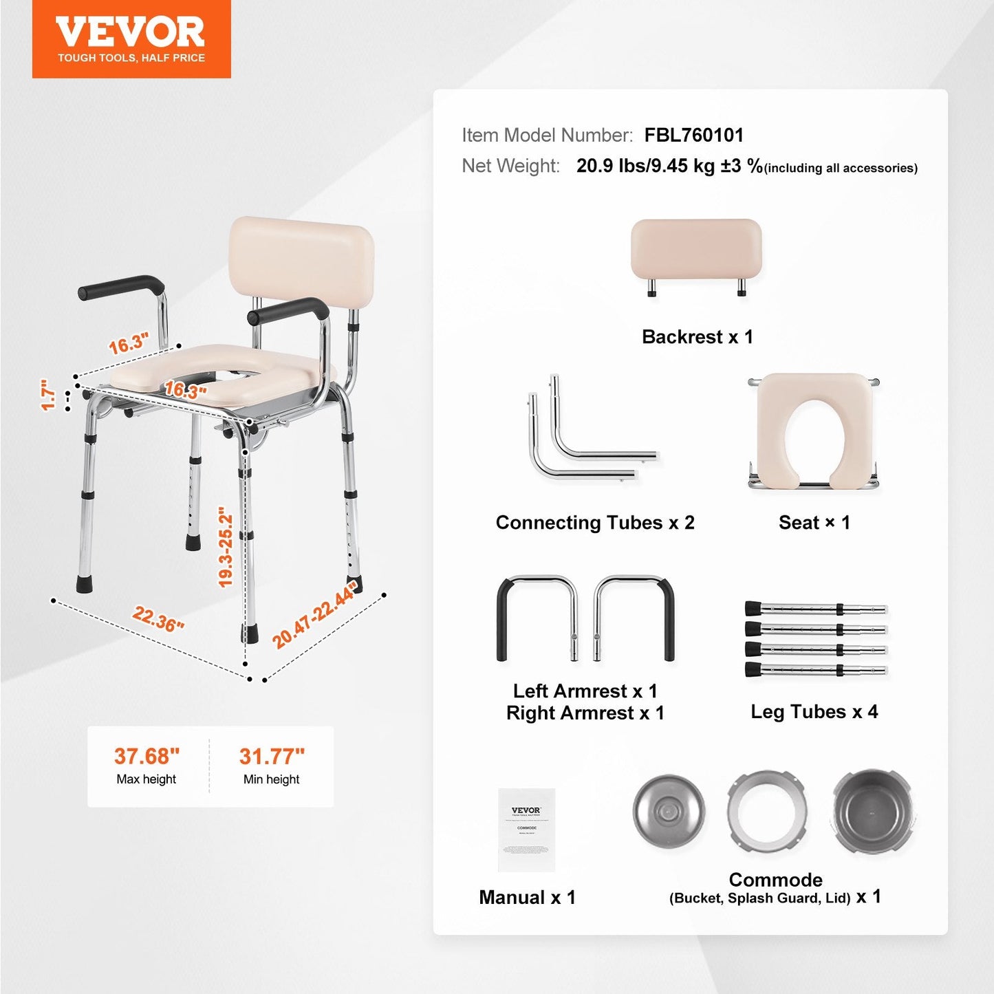 Adjustable Bedside Commode Chair with Padded Seat and Drop-Down Arms, 158.8 kg Capacity