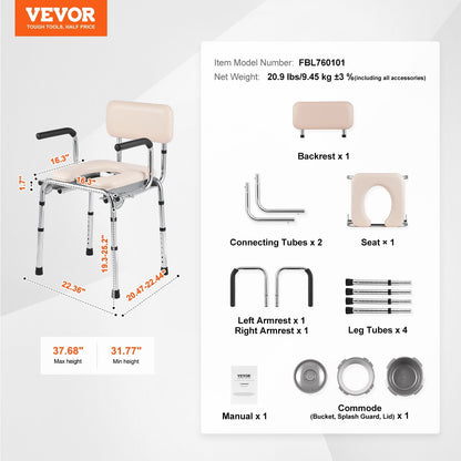 Adjustable Bedside Commode Chair with Padded Seat and Drop-Down Arms, 158.8 kg Capacity