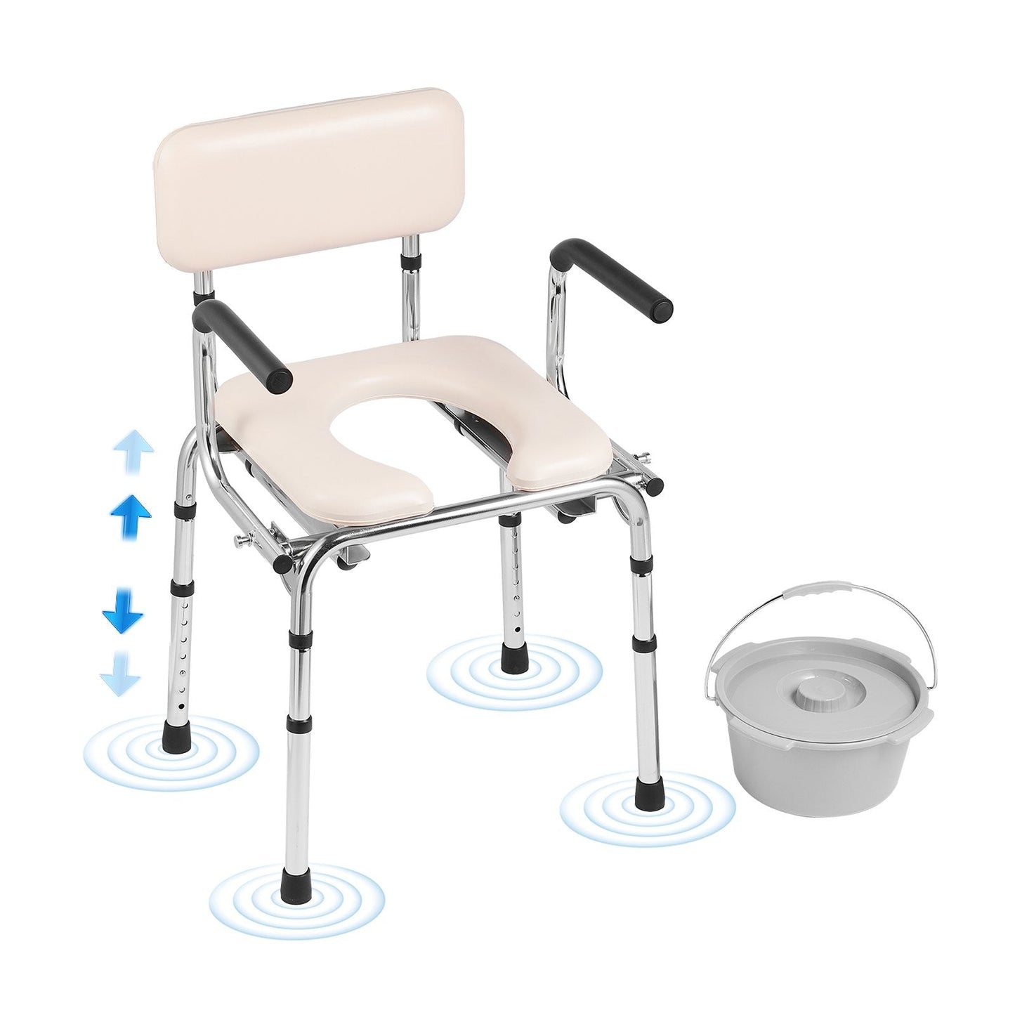 Adjustable Bedside Commode Chair with Padded Seat and Drop-Down Arms, 158.8 kg Capacity