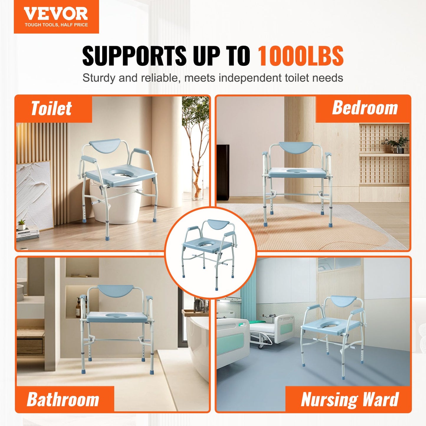 VEVOR Commode Chair, Bedside Commode with Drop-Down Arms and Detachable Backrest,