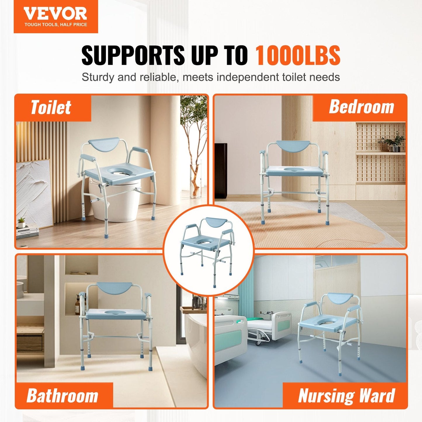 Adjustable Bedside Commode Chair with Drop-Down Arms and 7L Bucket, 453 kg Capacity