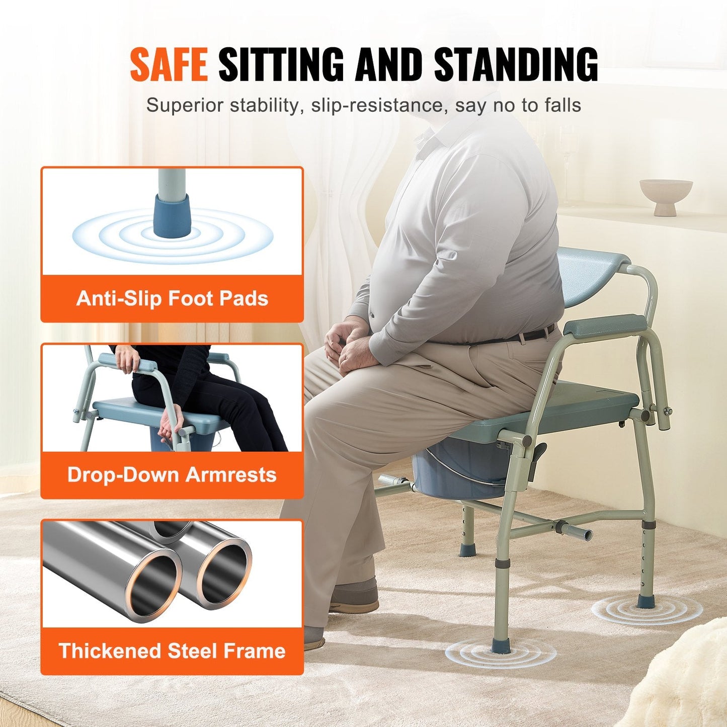Adjustable Bedside Commode Chair with Drop-Down Arms and 7L Bucket, 453 kg Capacity