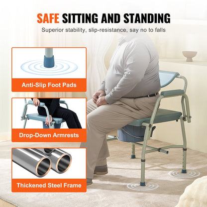 Adjustable Bedside Commode Chair with Drop-Down Arms and 7L Bucket, 453 kg Capacity