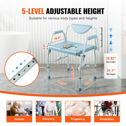 Adjustable Bedside Commode Chair with Drop-Down Arms and 7L Bucket, 453 kg Capacity