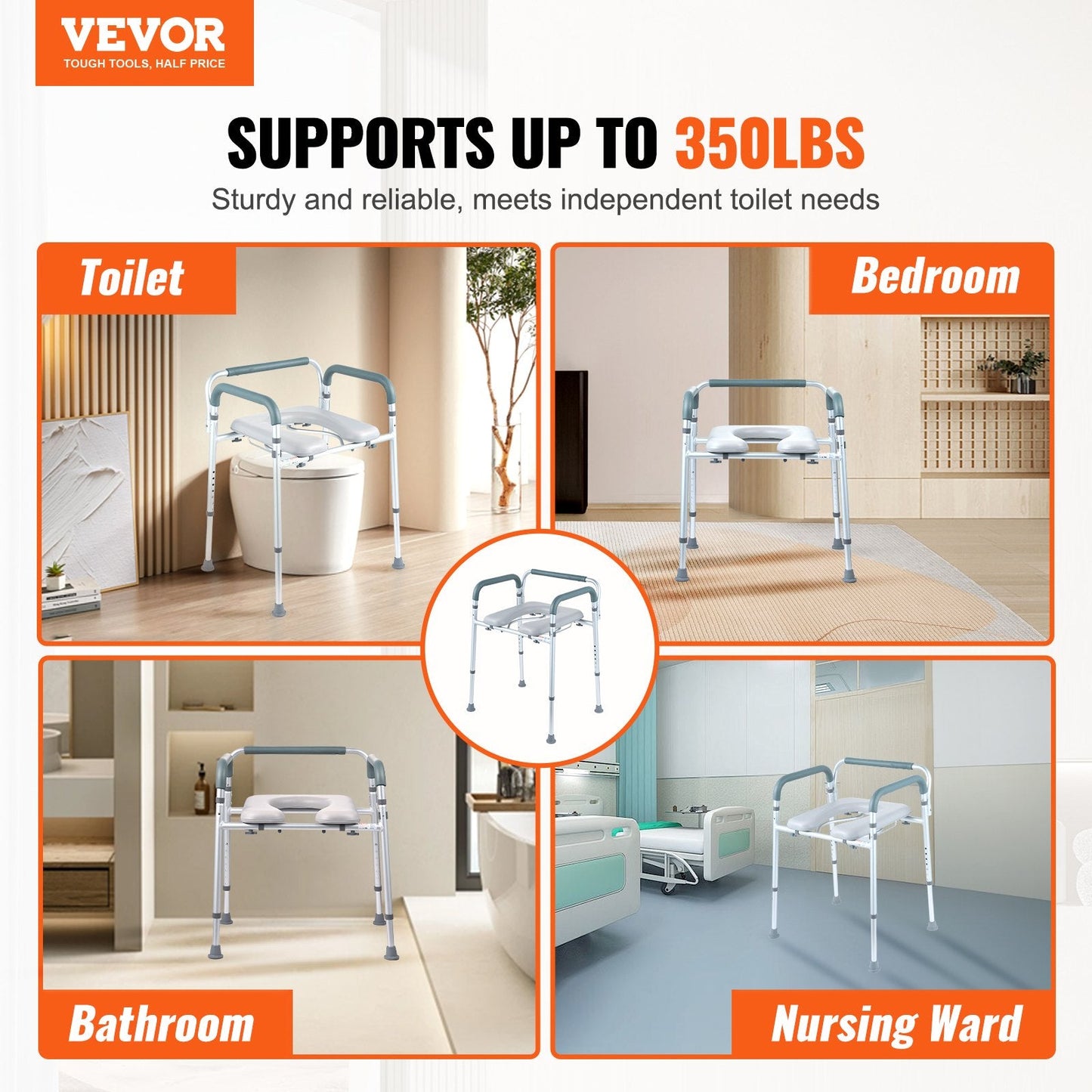 Adjustable Bedside Commode Chair with Padded Seat, 158.8 kg Capacity, Easy Assembly