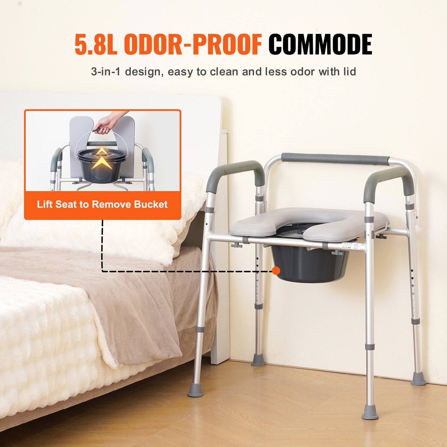 Adjustable Bedside Commode Chair with Padded Seat, 158.8 kg Capacity, Easy Assembly