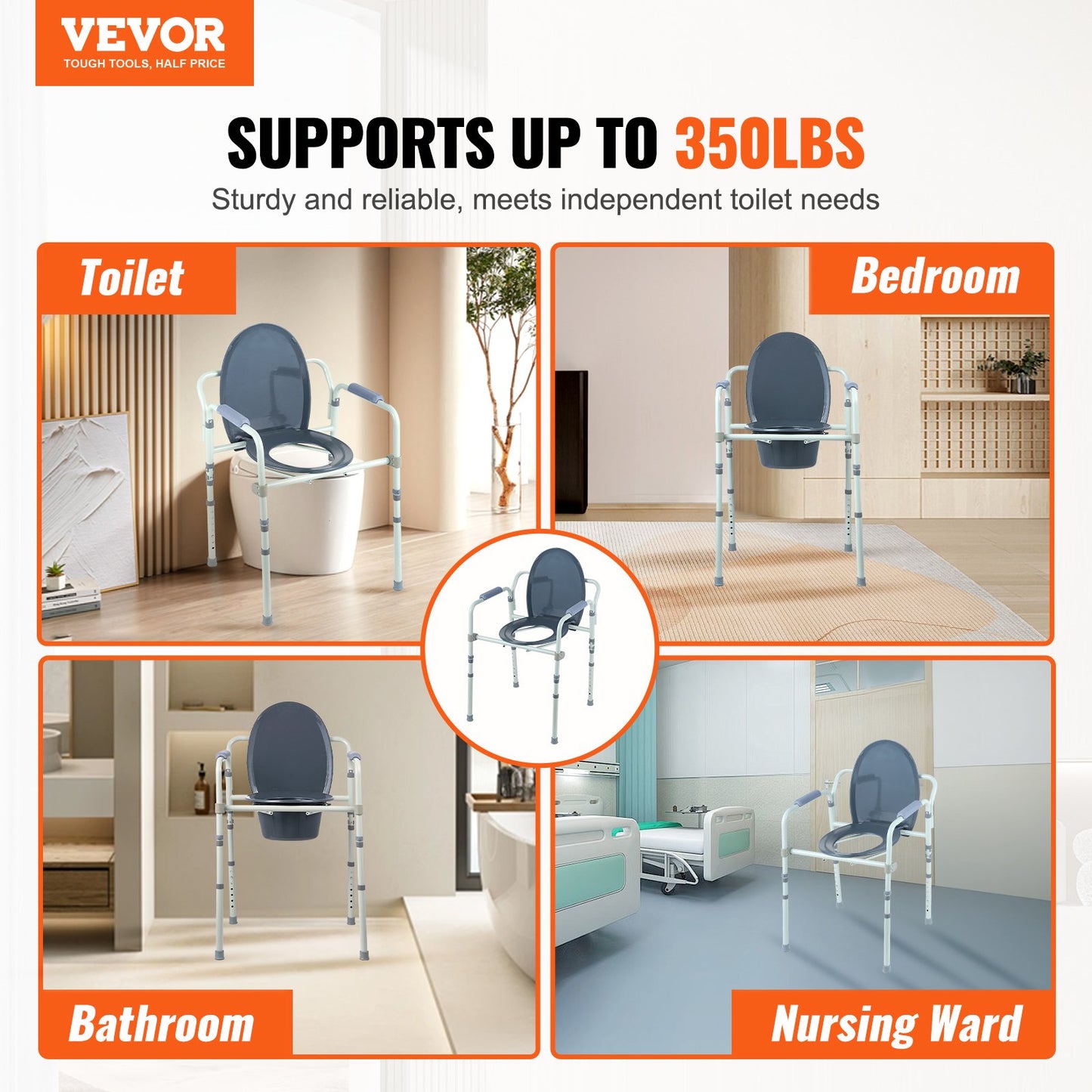 VEVOR Commode Chair, Bedside Commode with Wider Toilet Seat, 7-Level Adjustable