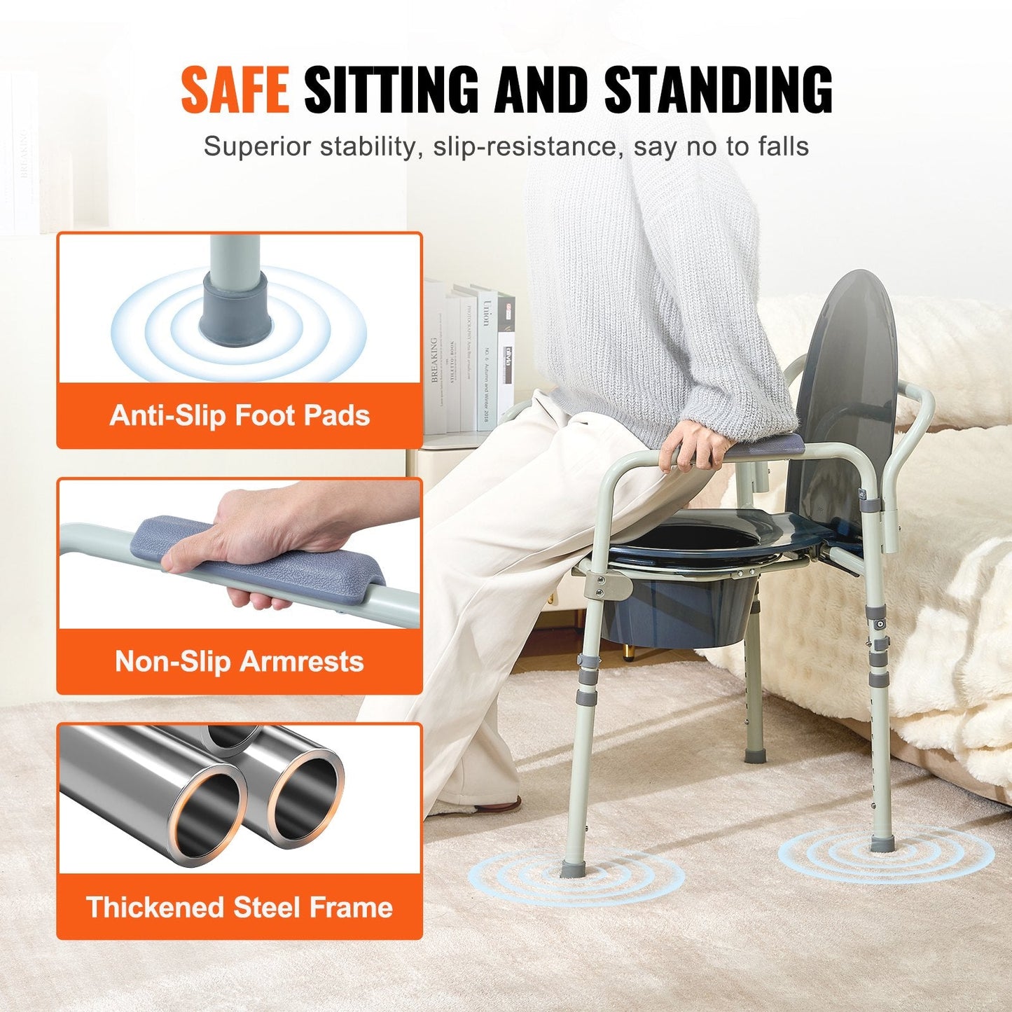 Adjustable Bedside Commode Chair with Wide Seat and 5.8L Removable Bucket