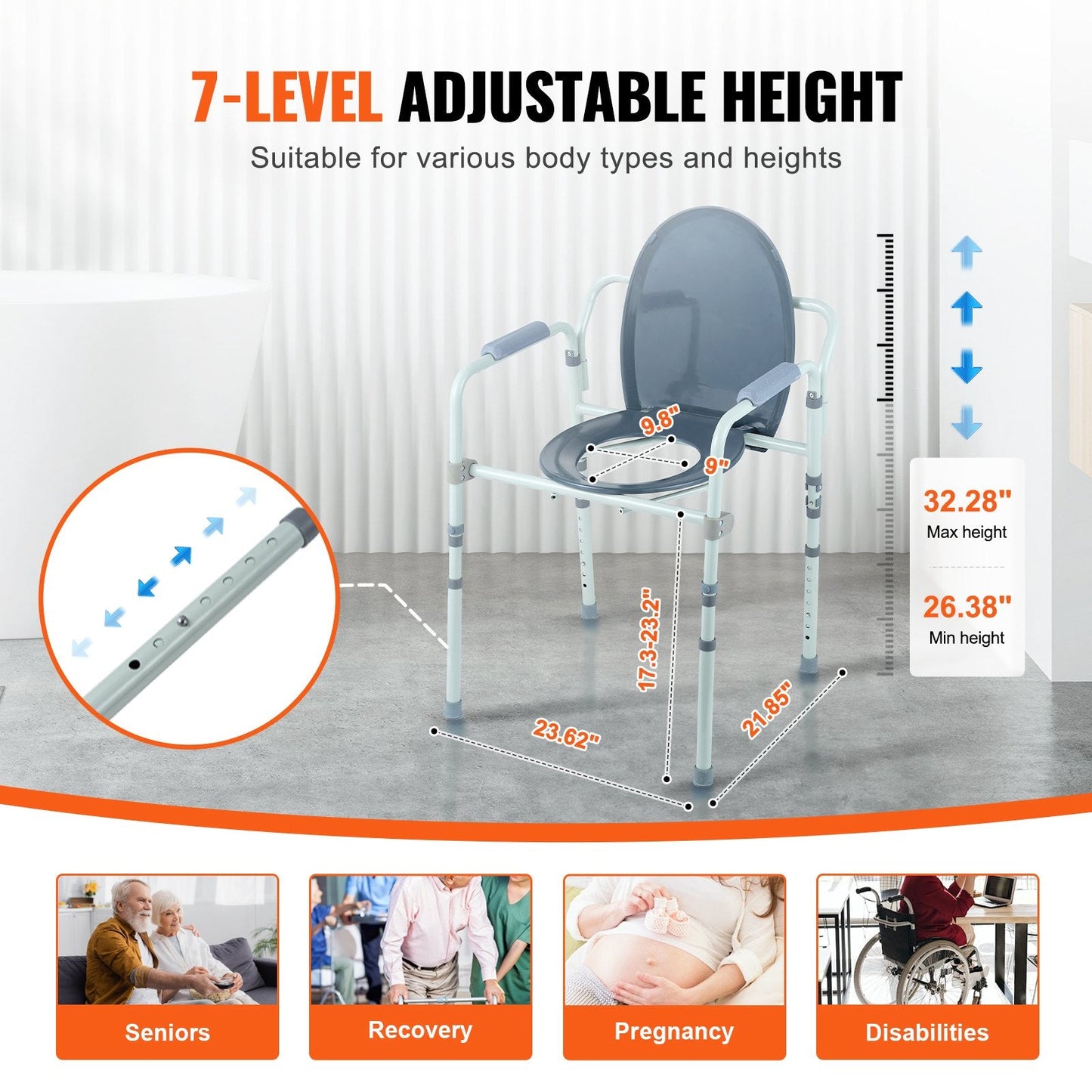 Adjustable Bedside Commode Chair with Wide Seat and 5.8L Removable Bucket