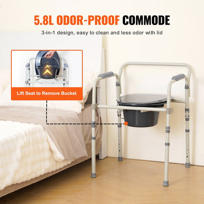 Adjustable Bedside Commode Chair with Wide Seat and 5.8L Removable Bucket