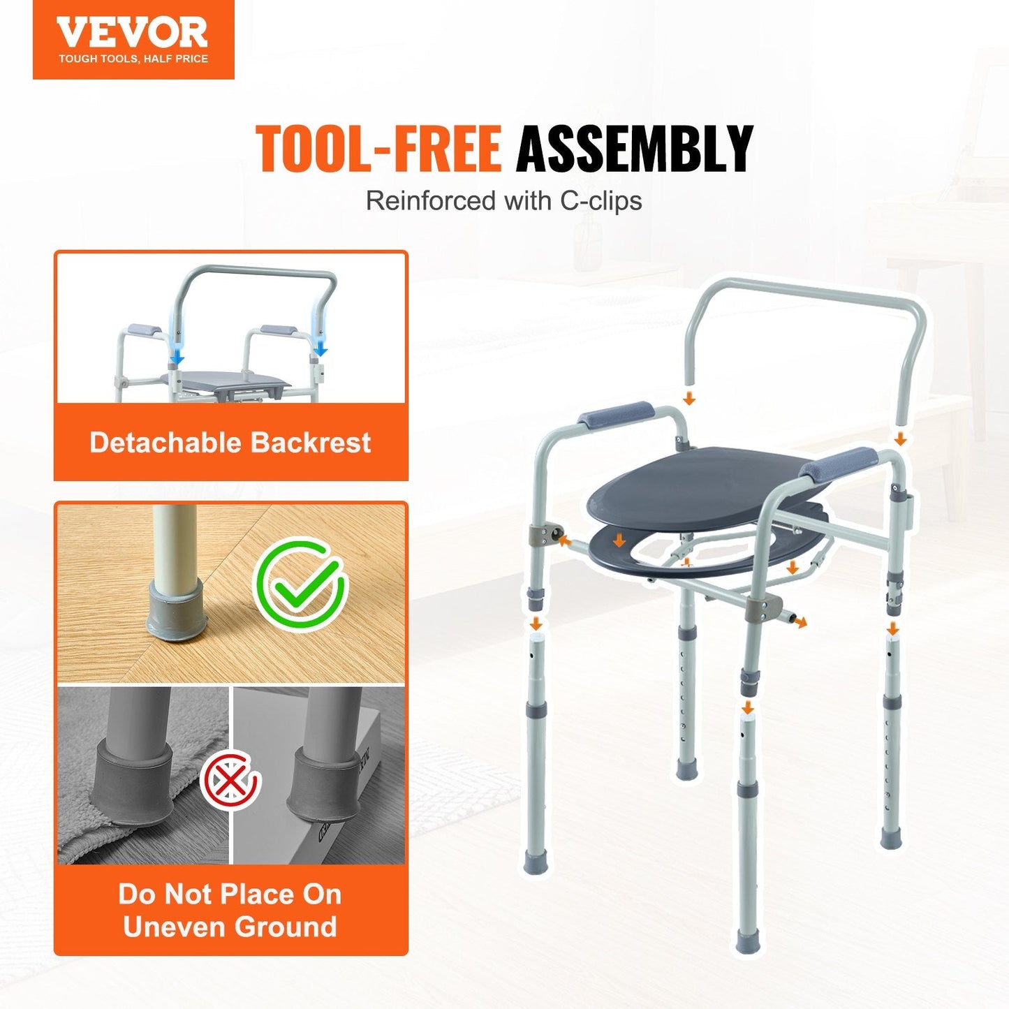 Adjustable Bedside Commode Chair with Wide Seat and 5.8L Removable Bucket