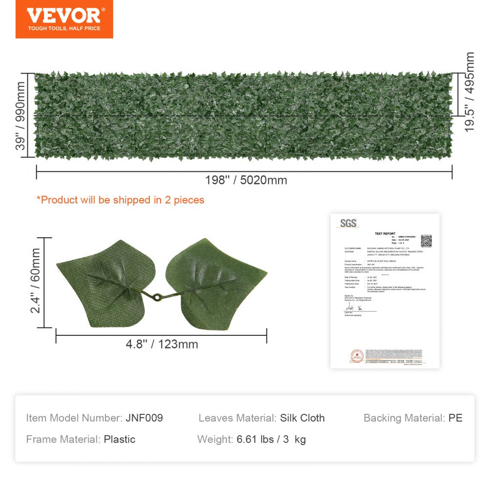 VEVOR Ivy Privacy Fence, 39 x 198in Artificial Green Wall Screen, Greenery Ivy Fence with Mesh Cloth Backing and Strengthened Joint, Faux Hedges Vine Leaf Decoration for Outdoor Garden, Yard, Balcony