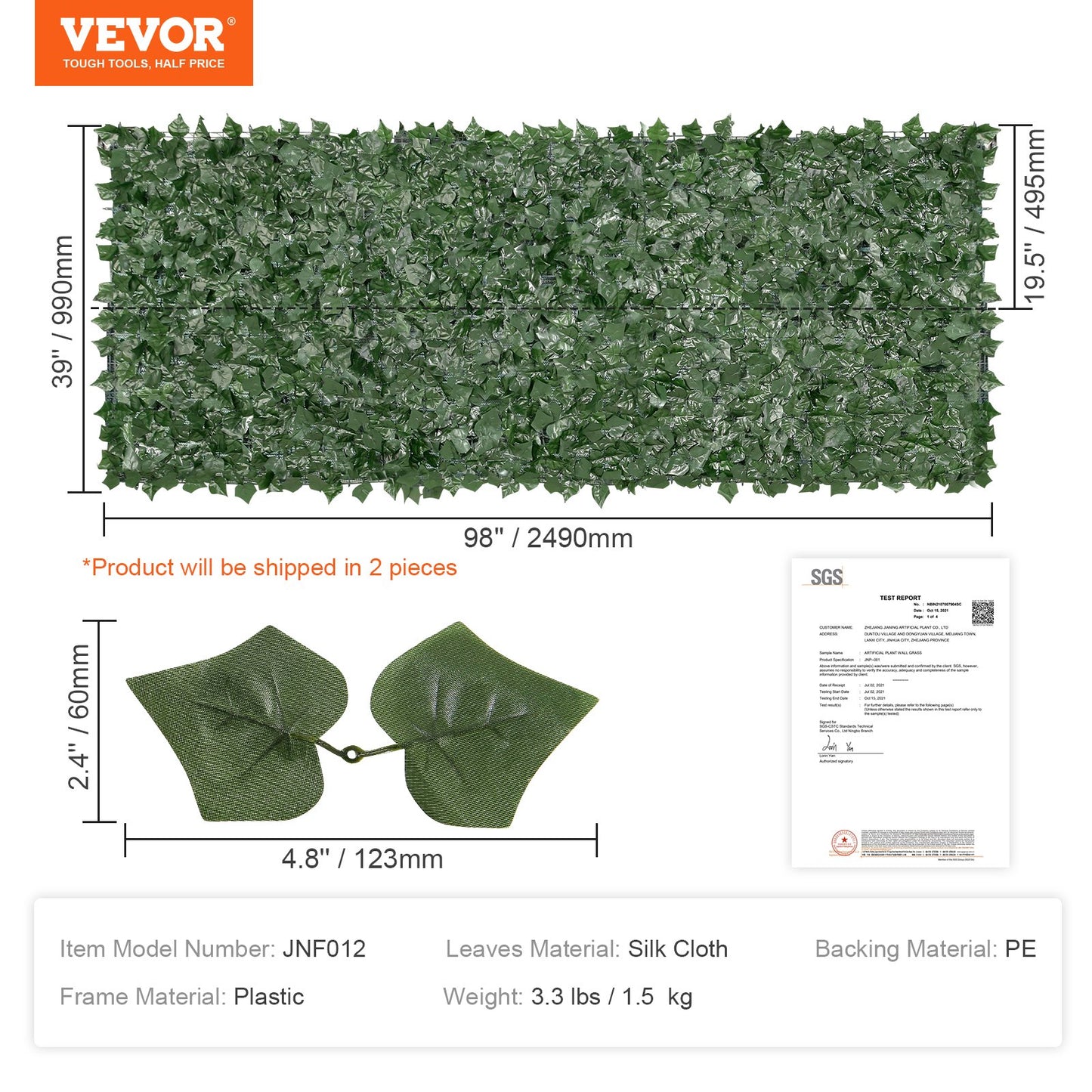 VEVOR Ivy Privacy Fence,  39"x98"  Artificial Green Wall Screen, Greenery Ivy Fence