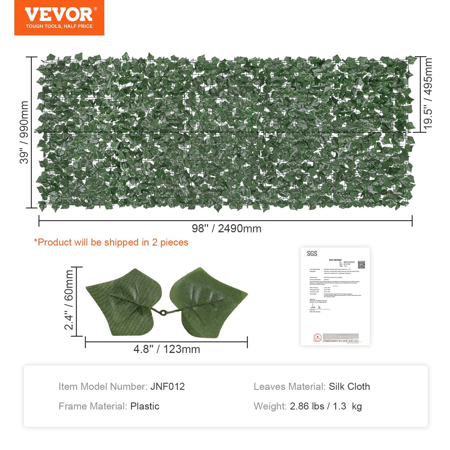 VEVOR Ivy Privacy Fence, 39 x 98 in Artificial Green Wall Screen, Greenery Ivy Fence