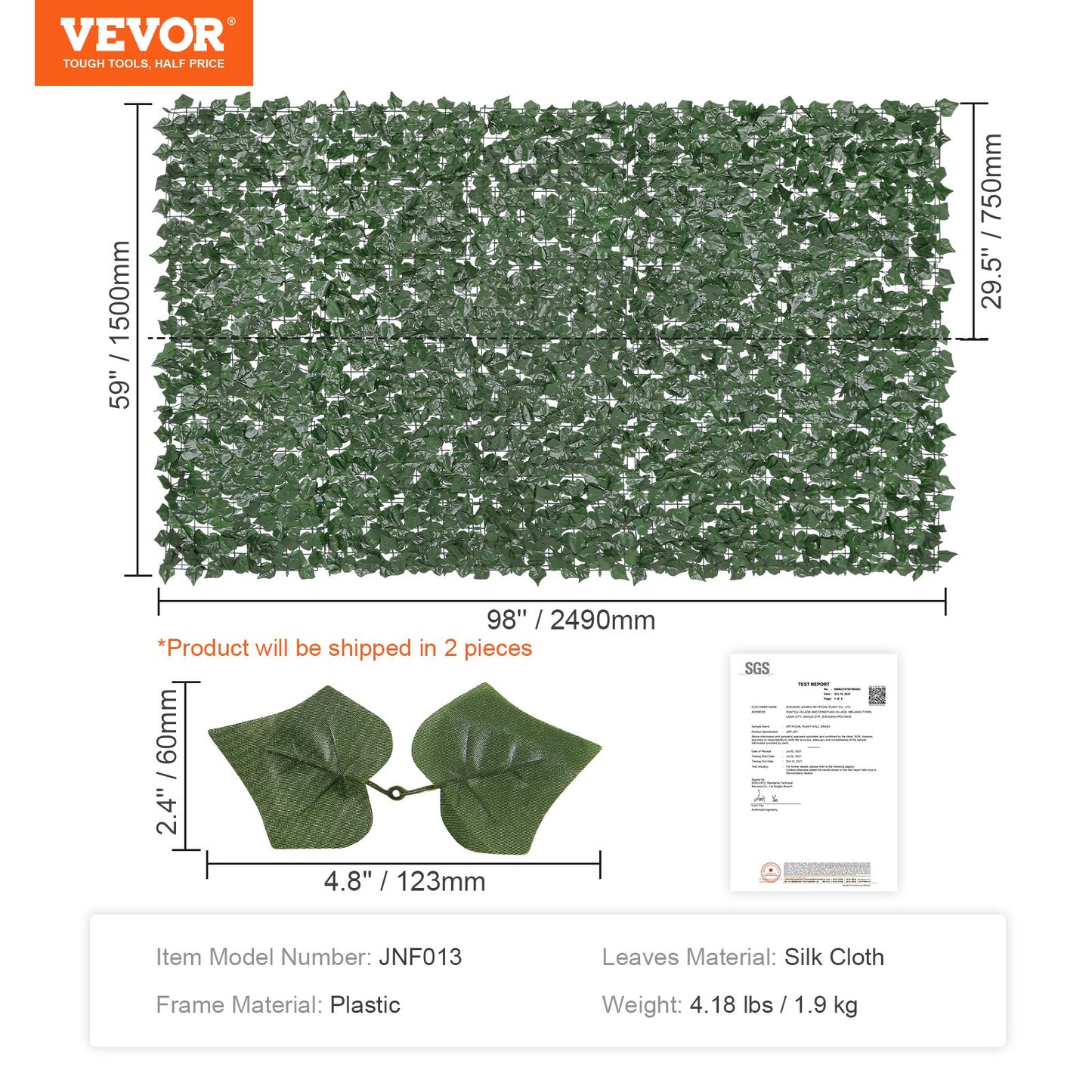 VEVOR Ivy Privacy Fence, 59"x98" Artificial Green Wall Screen, Greenery Ivy Fence