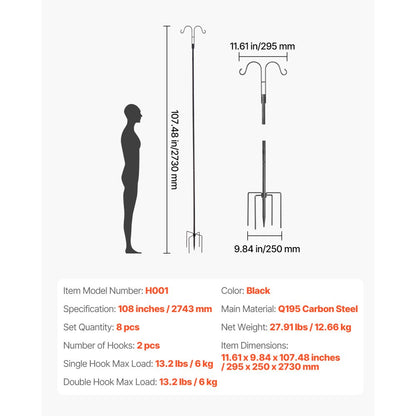 VEVOR Double Shepherds Hook 8 Pack 2730mm Heavy Duty Bird Feeder Pole