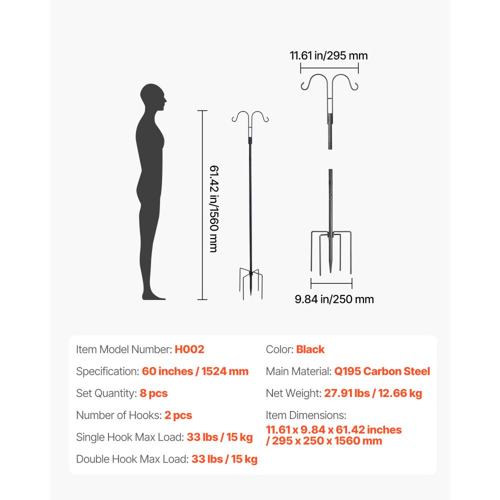 VEVOR Double Shepherds Hook 8 Pack 1560mm Heavy Duty Bird Feeder Pole