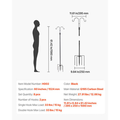 VEVOR Double Shepherds Hook 8 Pack 1560mm Heavy Duty Bird Feeder Pole