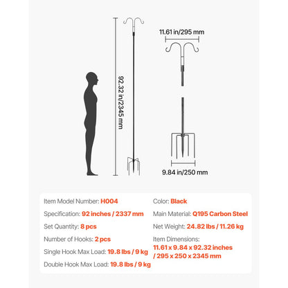 VEVOR Double Shepherds Hook 8 Pack 2345mm Heavy Duty Bird Feeder Pole