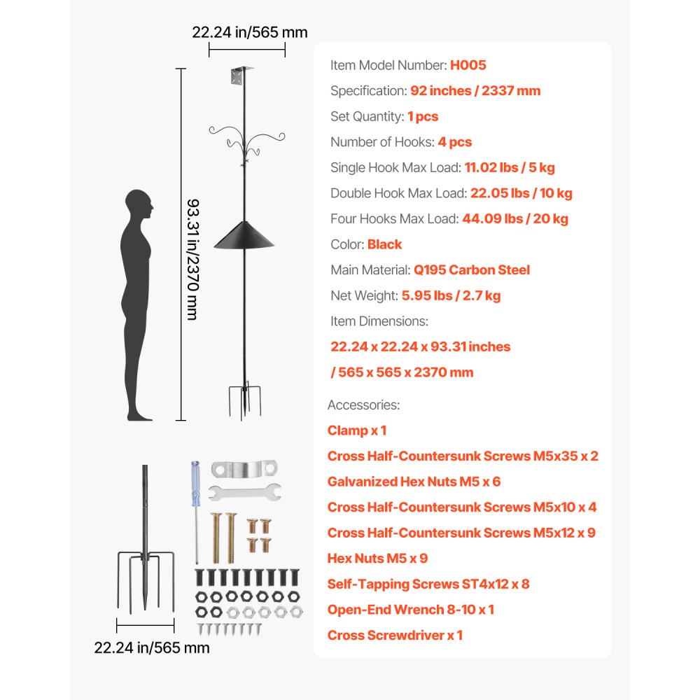 VEVOR 2370mm Bird Feeding Station 4 Hook Wild Bird Feeder Stand Pole