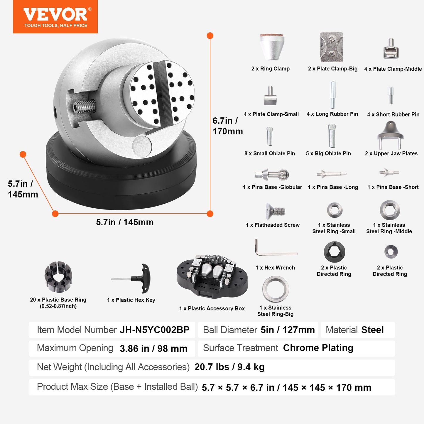 VEVOR Ball Vise, 5" Engraving Setting Tool, 360° Rotation Engraving Block Vise,