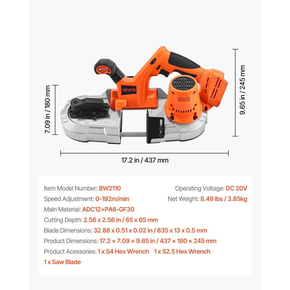 VEVOR Portable Cordless Band Saw 2.56 in Deep Cut Variable Speed (Bare Tool)