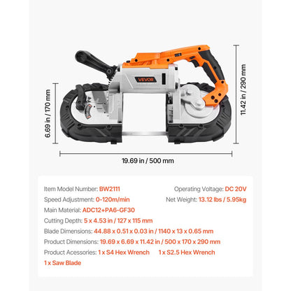 VEVOR Portable Cordless Band Saw 5-Inch Deep Cut Variable Speed (Bare Tool)