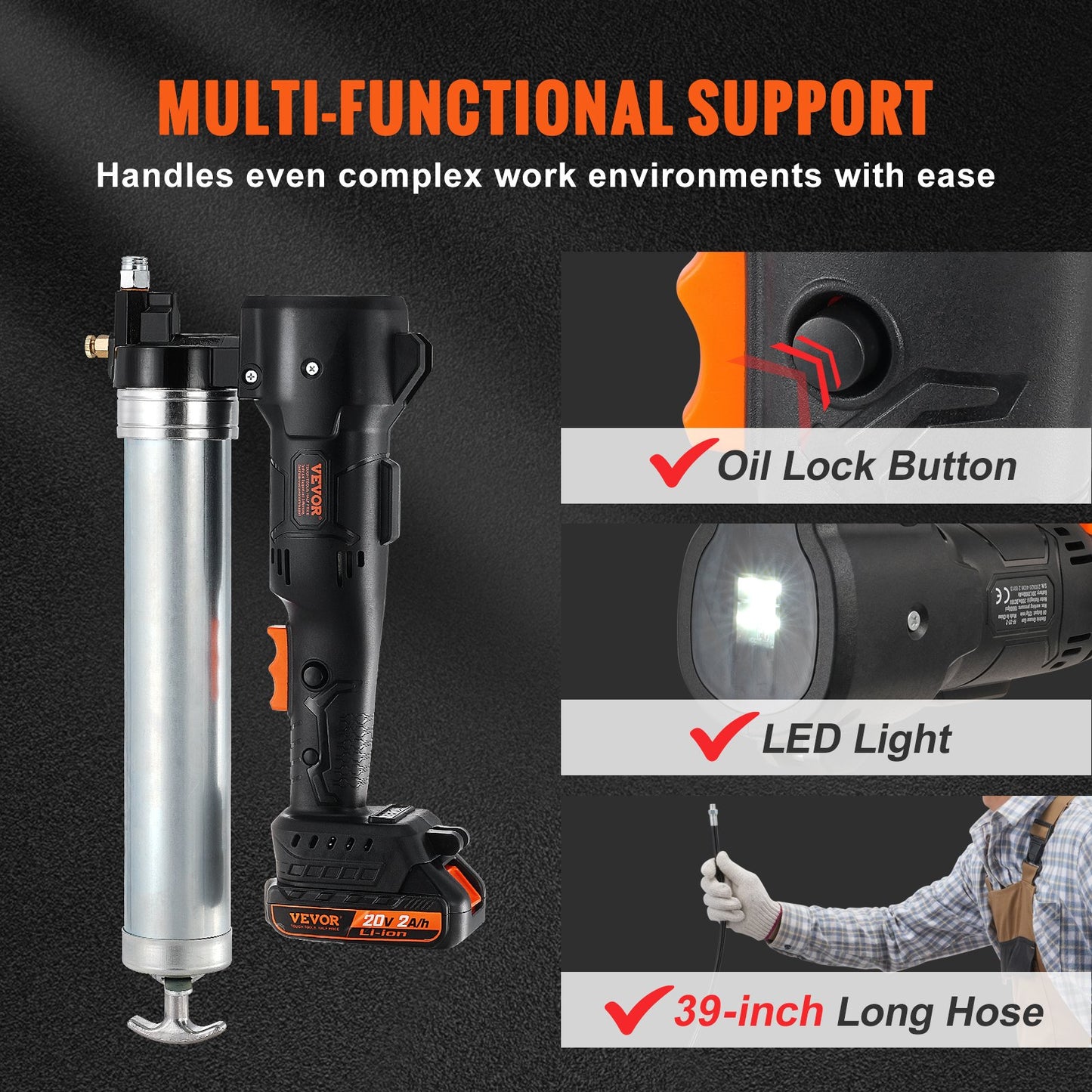 VEVOR Cordless Grease Gun, 82.74Mpa, 990 mm Long Hose, Electric Grease Gun Kit Professional