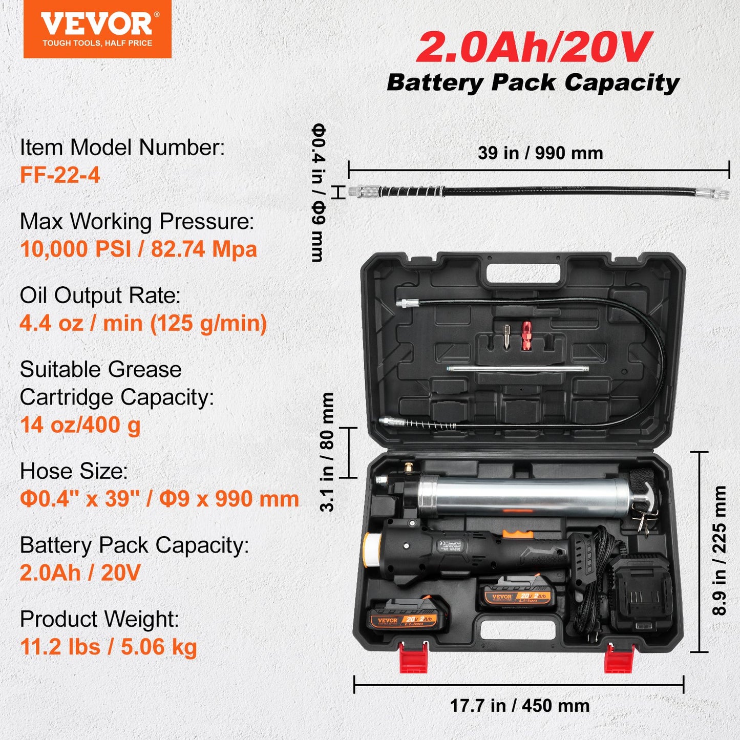 VEVOR Cordless Grease Gun, 82.74Mpa, 990 mm Long Hose, Electric Grease Gun Kit Professional