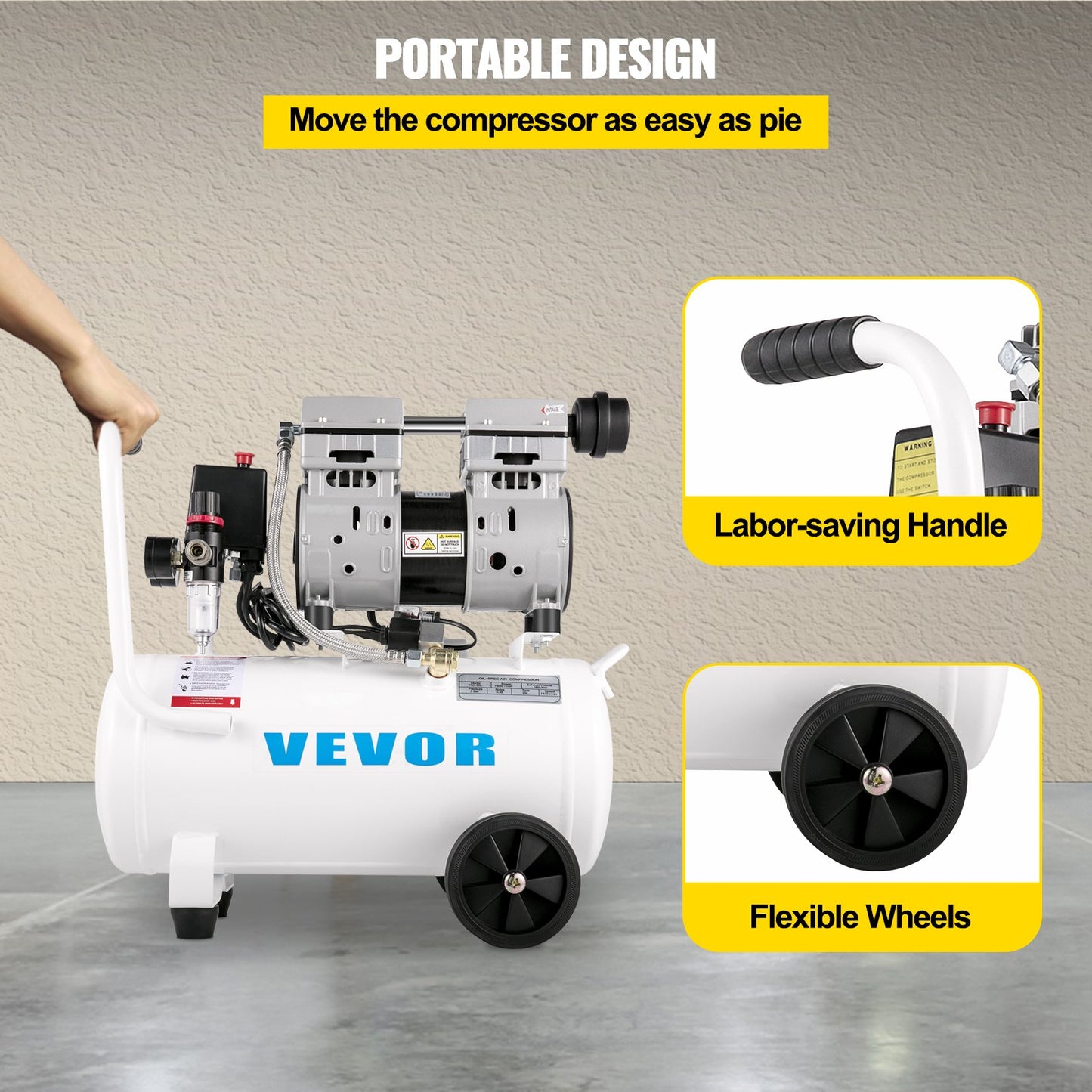 VEVOR Air Compressor 6.6 Gallon, Portable Air Compressor 1 HP, Oil Free Air Compressor