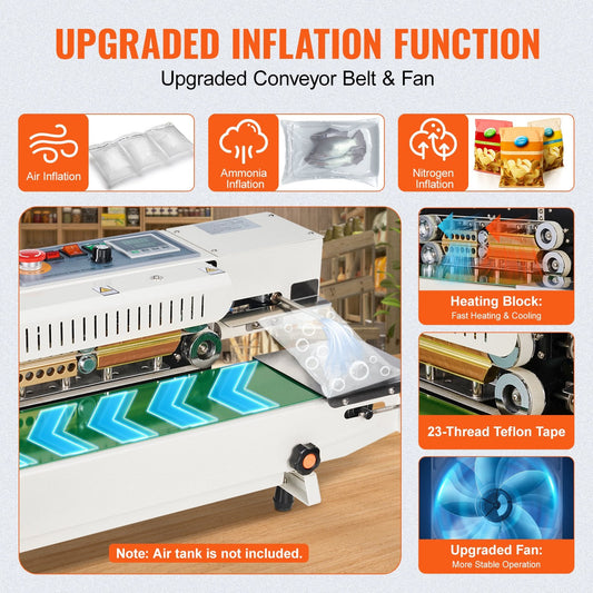Continuous Horizontal Band Sealer with Inflation, 5 kg Load, 16 m/min Speed