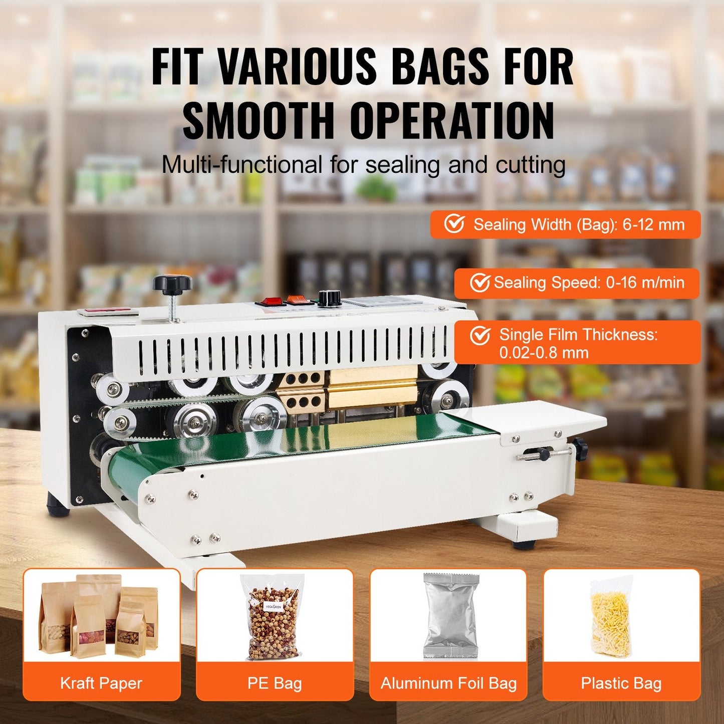 Horizontal Band Sealer with Count Function, 16 m/min Sealing Speed, 5 kg Load