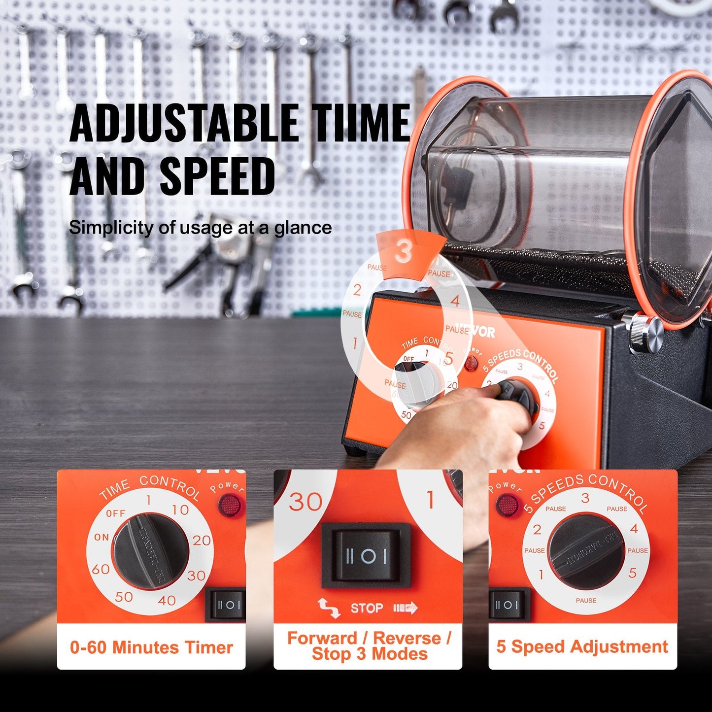 Mini Rotary Jewelry Tumbler Polisher, 5kg Capacity, 5-Speed, 0-60 Min Timer
